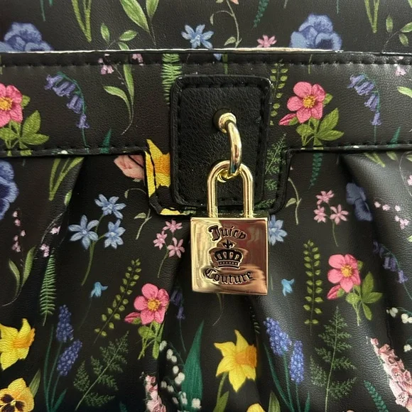 JUICY COUTURE BLACK/MULTI FIELD FLORAL WALLET/WRISTLET/FAUX LOCK NWOT - Picture 8 of 9